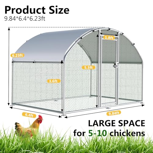 HITTITE Large Metal Chicken Coop with Run, 9.84 x 6.4 x 6.23 ft Walk in Poultry Cage Chicken Run Pen, Dome Roof Outdoor Chicken Runs for Yard with Waterproof & Anti-UV Cover - size: 76.8"L x 118.0"W x 74.7"H