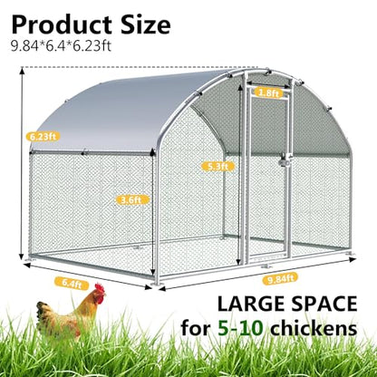 HITTITE Large Metal Chicken Coop with Run, 9.84 x 6.4 x 6.23 ft Walk in Poultry Cage Chicken Run Pen, Dome Roof Outdoor Chicken Runs for Yard with Waterproof & Anti-UV Cover - size: 76.8"L x 118.0"W x 74.7"H