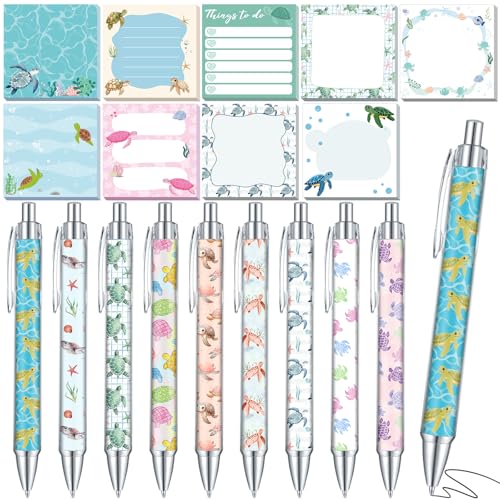 18 Pcs Turtle Desk Accessories, 9 Pads Cute Sticky Notes, 9 Kawaii Pens, 3 x 3 Inches Notepads Memo Pad for Office Supplies Meeting Students School Decor Teacher Gifts - style: Turtles