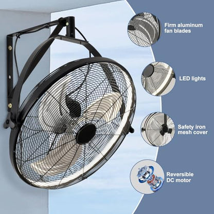AHAWILL 16 Inch Wall Mount Fan with Lights,6-Speed High Velocity Wall Fan Dimmable Gazebo Fan,360°Adjustable Tilt Industrial Outdoor Fans for Patio,Garage,Workshop,Commercial,Black - size: 16 inch