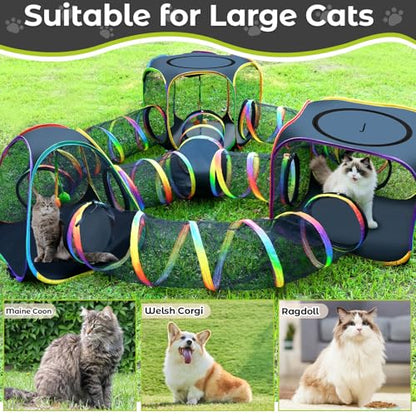 CypherX Outdoor Rainbow Cat Enclosure, 7-in-1 Portable Pop Up Cat Tents and Tunnels for Outside, Outdoor Catio Mesh Pet Playpen House, Large Playground for Large Cats and Other Animals - size: 7 in 1 Kingdom(18"W)