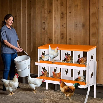 8 Compartment Chicken Nesting Box, Galvanized Steel Metal Laying Box with Removable Tray Roll-Out Egg Collection, Wall Mount Hen Roosting Box, Easy Egg Collection - color: Orange, size: 8 holes with legs