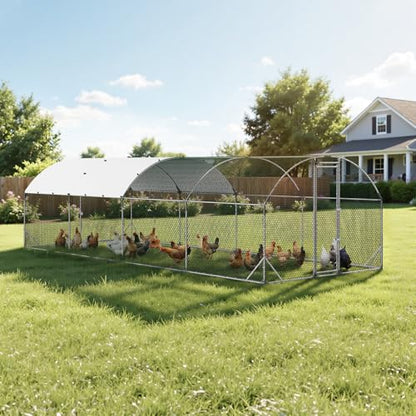 VEVOR Large Metal Chicken Coop, 9 x 25 x 6.6 ft, Walk-in Chicken Run House with Waterproof Cover & Sturdy Frame, Dome Roof Poultry Cage Duck Pen for Rabbit Hen Goose Outdoor Backyard Farm Use - size: 299.2"L x 106.3"W x 78.7"H
