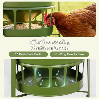 KOL Chicken Feeder No Waste for Coop & Outdoors, 16 Port 50lbs Poultry Feeder with Spill-Control Design, Rust-Proof Powder Coated Metal & Smooth Safe Edges (Avocado Green) - color: Avocado Green