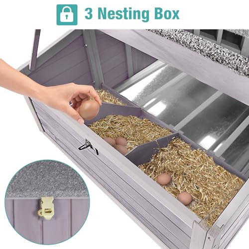 Outdoor Chicken Coops with Large Wheels,Wooden Hen House with 3 Nesting Boxes Leak Proof Pull-on Tray and UV-Resistant Roof Panel - color: Grey, size: 48.58"L x 37.58"W x 51.22"H