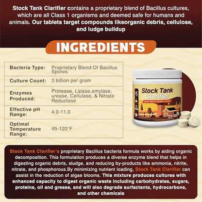 Stock Tank Clarifier - Improves Livestock Water by reducing buildup and Creating Healthier Water troughs. Safe for Horses, Cattle, Sheep, Goats & Chickens. (Tablet, 25, Count)