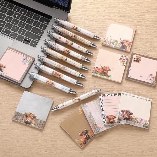 18 Pcs Highland Cow Desk Accessories, 9 Pads Cute Sticky Notes, 9 Kawaii Pens, 3 x 3 Inches Notepads Memo Pad for Office Supplies Meeting Students School Decor Teacher Gifts - style: Highland Cow
