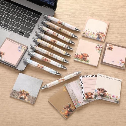 18 Pcs Highland Cow Desk Accessories, 9 Pads Cute Sticky Notes, 9 Kawaii Pens, 3 x 3 Inches Notepads Memo Pad for Office Supplies Meeting Students School Decor Teacher Gifts - style: Highland Cow