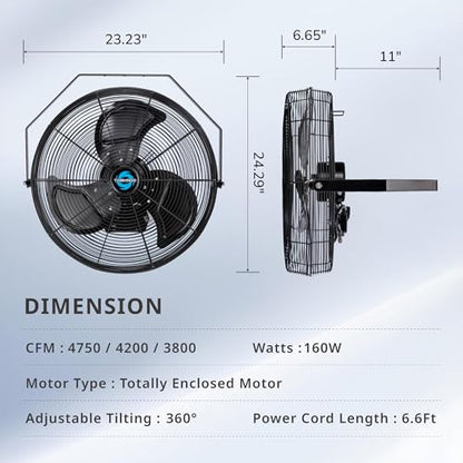 Tornado 20-Inch High Velocity Outdoor Wall Fan, IPX4 Water-Resistant, 3-Speed 4750 CFM, UL Safety Certified for Industrial, Commercial, Residential & Greenhouse Use - size: 20 Inch New