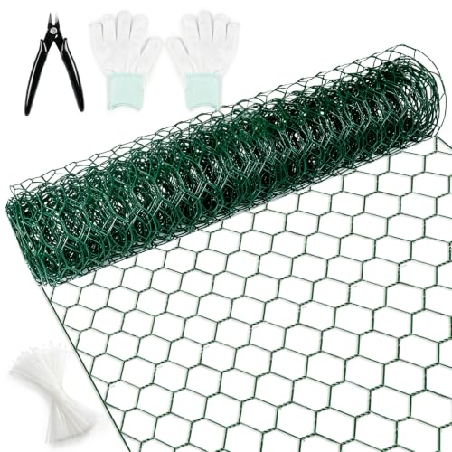 Floral Chicken Wire for Arrangements, Green Mesh Garden Netting | 15.7 x 157 in, PVC Coated, Crafts, Poultry, Garden, Rustproof, Chicken Coop, Rabbit Enclosure, Wire, Zip Ties, Pliers, Gloves - size: 15.7 x 157 inch
