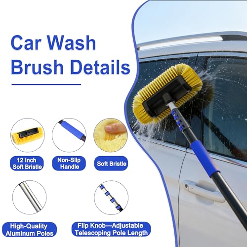 18FT Reach Car Wash Brush with Long Handle, 3 to 12 FT Car Cleaning Brush with Soft Bristle, Aluminium Telescoping Pole for Solar Panel, House Siding, SUV, Cars, Trucks, RV, Floors, Navy