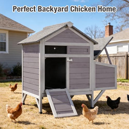 Small Chicken Coop with 2 Nesting Boxes, Wooden Hen House for 1-2 Chickens, Waterproof Asphalt Roof Poultry Hutch with Wildlife-Proof Latches, Roosting Bar and 4 Ground-Clearing Legs - color: Grey