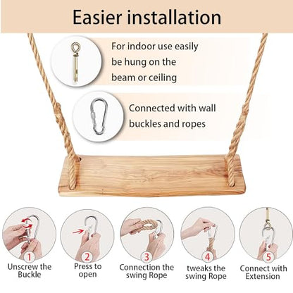 Hanging Wooden Swing, Seat 19.7"x 5.1"× 1.2", Tree Swings for Adults and Kids Outdoor, Adjustable Hemp Rope Plus Tree Straps 80 inch, Kids Indoor Swing with 500lb,Indoor Swing for Adults