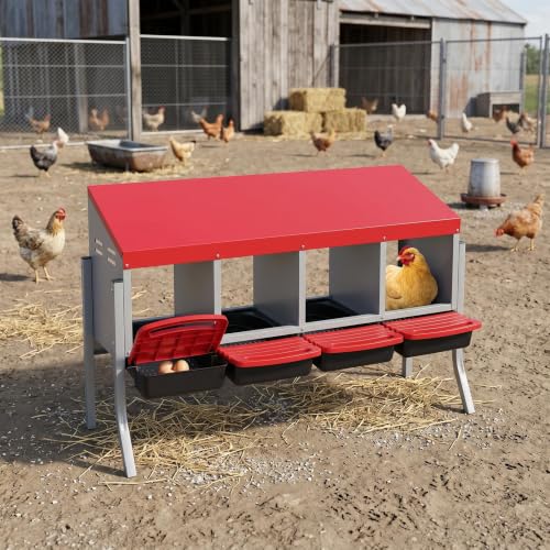Garvee 4-Hole Roll Away Egg Collection Chicken Nesting Box, Galvanized Steel Nest Box for Laying Eggs - color: Red, size: 4 holes with legs