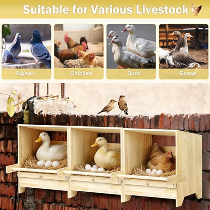Chicken Nesting Box with Perches, 3 Compartments Wooden Egg Laying Nest Box for Chicken Coop, Floor/Stand/Wall Mount Large Chicken Nesting Boxes for Hens, Ducks, Chickens