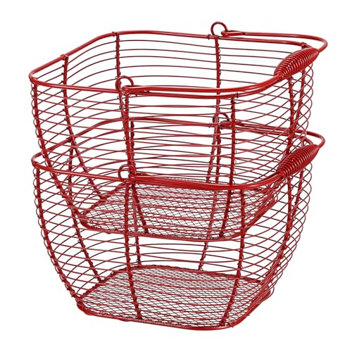 2 PCS 7" Red Square Wire Egg Baskets for Fresh Egg With Handle, Small Metal Collecting Basket for Gathering Fresh Eggs, Chicken and Duck Eggs Hunting Basket Egg Holder Countertop - color: Red