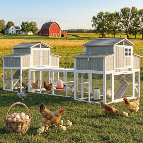 Extra Large Connected Chicken Coop with Center Run for 6–10 Chickens, Dual Wooden Hen Houses, 2-Tier Elevated Design, Nesting Boxes, Pull-Out Tray, Reinforced Frame, Grey - color: Grey