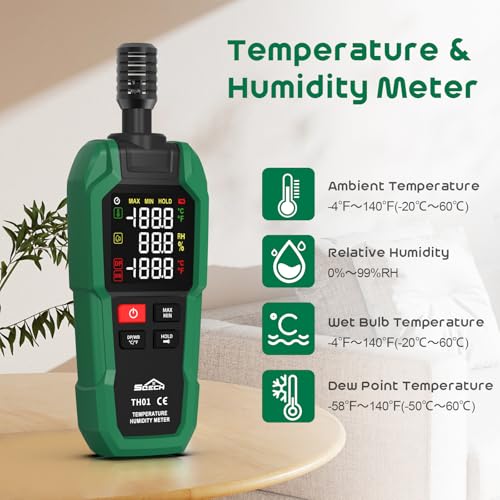 Temperature Humidity Meter, SQECH Digital Hygrometer with Ambient Thermometer,Wet Bulb,Flashlight,Max/Min,Data Hold,High Precision Psychrometer Monitor with Color Backlight for Home Havc