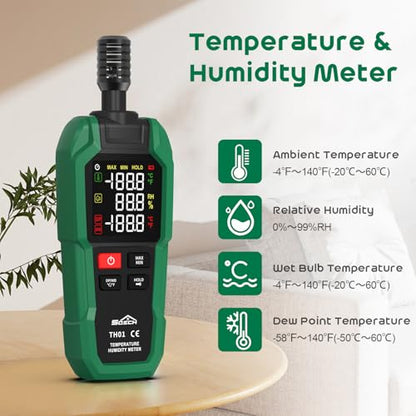 Temperature Humidity Meter, SQECH Digital Hygrometer with Ambient Thermometer,Wet Bulb,Flashlight,Max/Min,Data Hold,High Precision Psychrometer Monitor with Color Backlight for Home Havc
