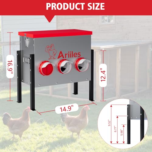 Automatic Chicken Feeder Box, 40lb Capacity, 6 No-Waste Ports, Metal Poultry Feeder with Covered Lid & Elevated Stand, Feed Dispenser for Chickens, Ducks & Backyard - size: 40 LB