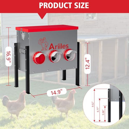 Automatic Chicken Feeder Box, 40lb Capacity, 6 No-Waste Ports, Metal Poultry Feeder with Covered Lid & Elevated Stand, Feed Dispenser for Chickens, Ducks & Backyard - size: 40 LB
