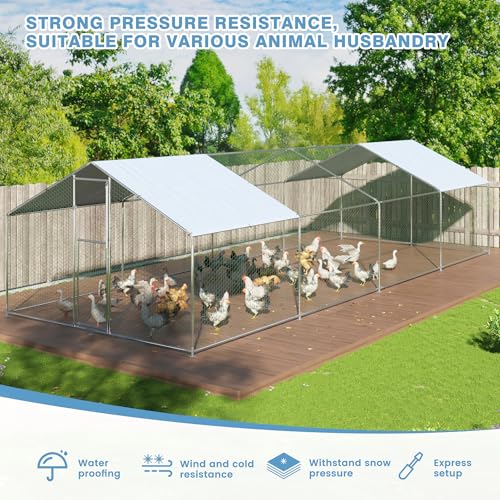Polar Aurora Metal Chicken Coop, Large Outdoor Chicken Pen, Walk-in Chicken Run for 20-40 Chickens, Double Door Chicken House with Waterproof UV Protection Cover for Backyard (Spire-XL) - size: Spire-XL