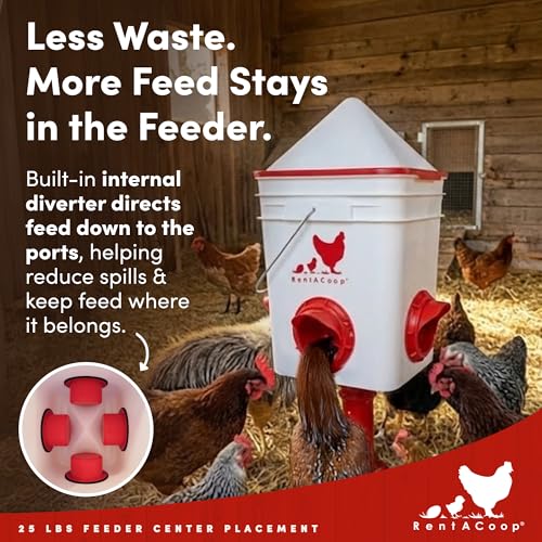 RentACoop 25lb BPA-Free Chicken Feeder with 4 Large Ports - Includes Lid, Anti-Roost Cone, Rain Hoods, and Custom Adjustable Stand - Large Capacity No-Waste Poultry Feeder - Center Placement