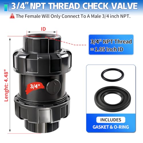 3/4 inch NPT PVC Check Valve, SCH80 Full Port Water Pump Ball Check Valve | UPVC Inline Backflow Preventer, leak Proof One Way valve, with Stainless Steel Spring, Horizontal or Vertical Installation - size: 3/4''NPT