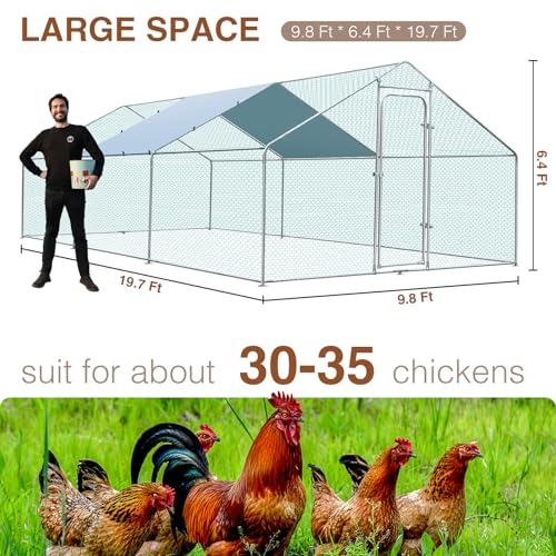 Walk-in Chicken Coop for 30-35 Chickens, Large Metal Chicken Run, Chicken Pen Outdoor W/Cover, Waterproof & Anti-UV, 19.7' D x 9.8' W x 6.4' H, Wire Mesh Poultry Cage for Yard #LYJL06JD-US - size: 236.2"L x 118.1"W x 76.8"H, style: Spire Roof
