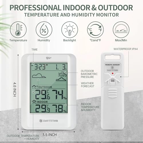 Outdoor Thermometer Weather Station Wireless, White | High Precision Temperature Humidity Gauge Monitor, 330ft Range Remote Sensor, Digital Hygrometer, Waterproof