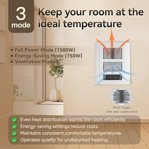 Electric Wall Heater for Indoor Use, 120V Wall Heater with Thermostat and Remote, 3 Heating Modes, 9H Timer, Child Lock, Overheat Protection, Suitable for Bathroom, 1500/750 Watt, Hardwired - color: White