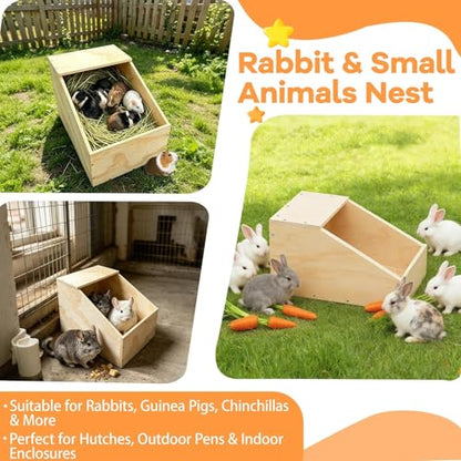 Wooden Rabbit Nesting Box, Small Animal Hutch Hideout, Breeding Shelter & Burrow Den Alternative for Rabbits, Guinea Pigs, Chinchillas or Other Small Pets(16x11x11 in)