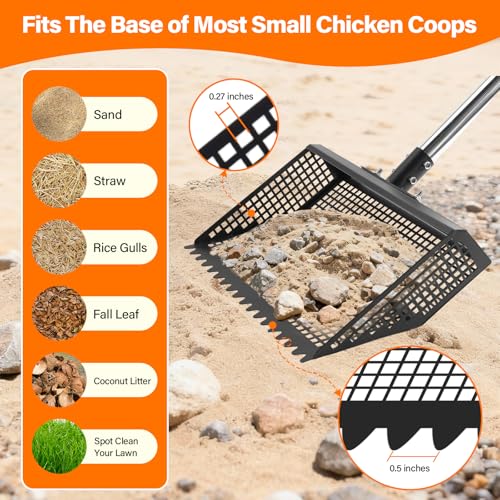 AsFrost 2-in-1 Chicken Poop Scooper & Rake,12" Heavy Duty Litter Scooper Sand Sifting Shovel for Chicken Coop & Pet Waste Cleaning, Adjustable 26" to 76" Stainless Steel Handle for Small Farm & Sand