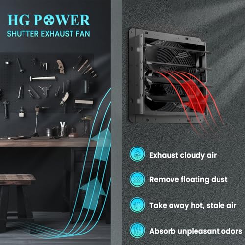 HG Power Upgraded 14 Inch Shutter Exhaust Fan, 882CFM High-Speed Vent Fan, 1400RPM Wall Mounted Attic Fan with Steel Mesh Screen for Shed, Garage, Greenhouse Ventilation, Black - size: 14 Inch Upgrade