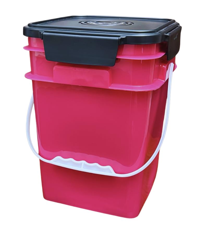 House Naturals 4 Gallon Square Food Grade Bucket Pail with Plastic Handles and Lid (Pack of 3) Made in USA containers (Magenta - Black lids) - color: Magenta - Black Lids