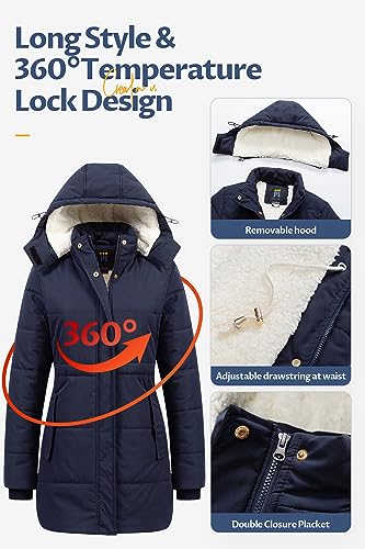 CREATMO US Women's Thicken Sherpa Winter Coat Puffy Warm Snow Jacket With Removable Hood - color: Navy Blue, size: Medium