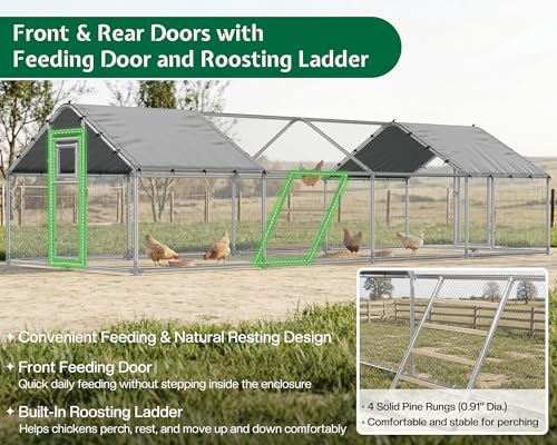 26×10 FT Extra Large Walk-in Chicken Coop, Spire Roof Chicken Run with Cover, Front & Rear Doors, Feeding Door, Roosting Ladder, Galvanized Steel Frame - size: 298.4"L x 118.1"W x 77.6"H