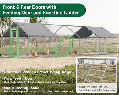 26×10 FT Extra Large Walk-in Chicken Coop, Spire Roof Chicken Run with Cover, Front & Rear Doors, Feeding Door, Roosting Ladder, Galvanized Steel Frame - size: 298.4"L x 118.1"W x 77.6"H