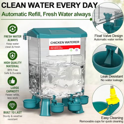 Chicken Feeder and Waterer Set, Automatic No Waste Poultry Feeding System, 26.5 lb Feeder & 11L Waterer, 4-in-1 Chicken Coop Kit with Vegetable Holder for Chickens, Ducks & Quail - size: 3 Gallon Upgraded
