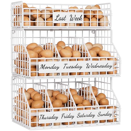 Egg Holder Countertop with 5 Dividers & Labels, 3 Tier Stackable Chicken Egg Baskets for Gathering Fresh Eggs, Egg Holder for Egg Storage, Wall-Mounted, White - color: White, size: 3-Tier（with printed labels）