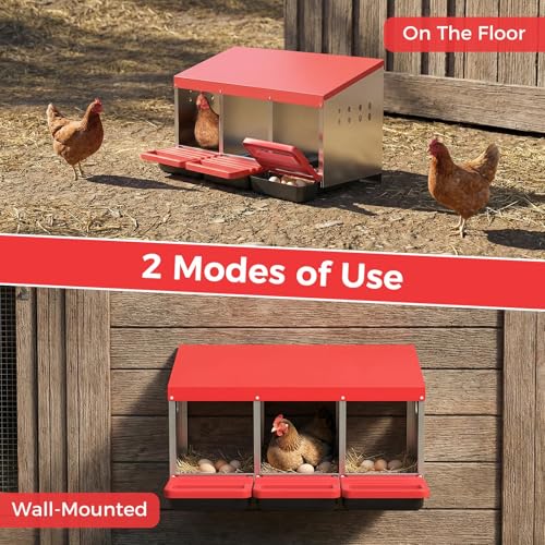 Heavy Duty Galvanized Steel Chicken Nesting Box – 3 Holes, Roll Away Egg Laying, Protective Lid, Wall Mounted, Easy Clean, Vented Pegboard Side, Red (Pegboard Side) - color: Red, size: 3 Room&Mat Board