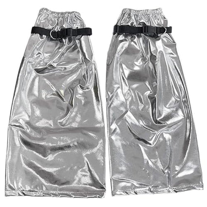 Women Metallic Silver Flared Leg Warmer Aesthetic Fashion Punk Buckled Garters Strap Baggy Leg Socks