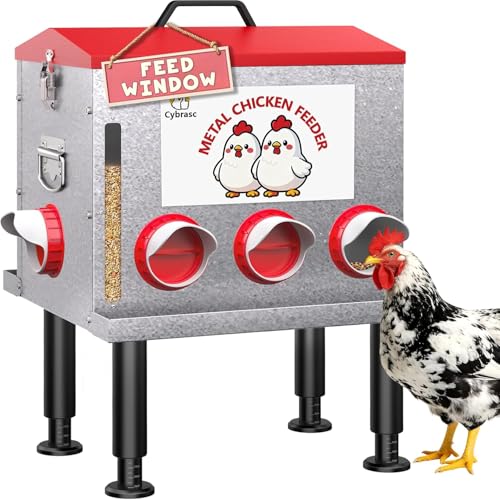 10-Gal 55LB Metal Chicken Feeder with Window, Dual No-Waste Design, Automatic Large Chicken Feeder for Outdoor Coops, Rust-Proof Alloy Steel Poultry Feeder with Adjustable Legs (Red)