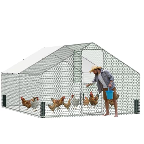 Large Metal Chicken Coop, Walk-in Chicken Run with Feeding Door, Security Lock and Cover, Outdoor Duck/Rabbit Cage Poultry Pen for Backyard, Farm, Yard (Silver - Spire Roof, 13.1 x 9.8 x 6.5 FT) - size: 157.4"L x 118.1"W x 78.7"H