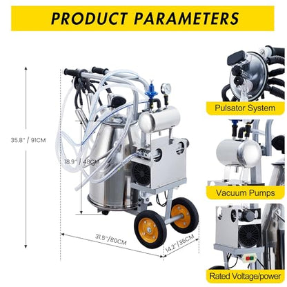 Electric Milking Machine for Cows, Farm Bucket Milker, Automatic Pulsation Vacuum Milker Machine with 25 L 304 Stainless Steel Bucket, Silicone Hose, Cleaning Brush
