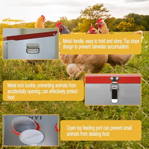 XINYI Automatic Metal Chicken Feeder, 27.6 Gallon Large Capacity with 10 No Waste Ports, Gravity Feeder with Locking Lid & Riveted Handles, Rodent Proof and Weatherproof for Your Chicken Coop - size: 10 ports