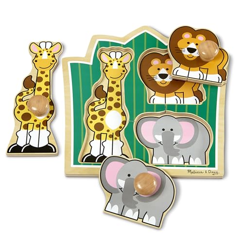 Melissa & Doug Jungle Friends Safari Animals Jumbo Knob Puzzle, Wooden Peg Puzzle for Toddlers, Educational Toy for Shape Recognition and Fine Motor Skills, Ages 1+ - style: Safari Animals