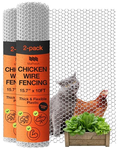 Maporch Plastic Chicken Wire Fencing for Pet Protection - 15.7" x 10ft, HDPE White Chicken Wire - Garden Fence Animal Barrier for Dogs, Cats and Rabbits (2-Pack) | 15.7" x 10ft - HDPE Home and Garden Netting - UV Resistant - Customizable Balcony Barrier f