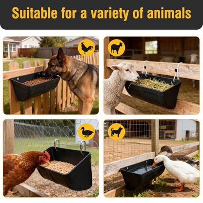2 Pack Hanging Chicken Feeder Trough for Goat,Sheep,Dog.Livestock Feeding Container Goats Supplies Feeders Waterer Bucket (Black) - color: Black