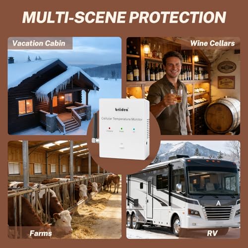 RV Pet Temperature Monitor, Briidea 4G Cellular & Temperature Humidity Sensor, No WiFi Required, 24/7 Remote Monitoring Alerts with App, for Cabin and Warehouse (1 Year Subscription Included)